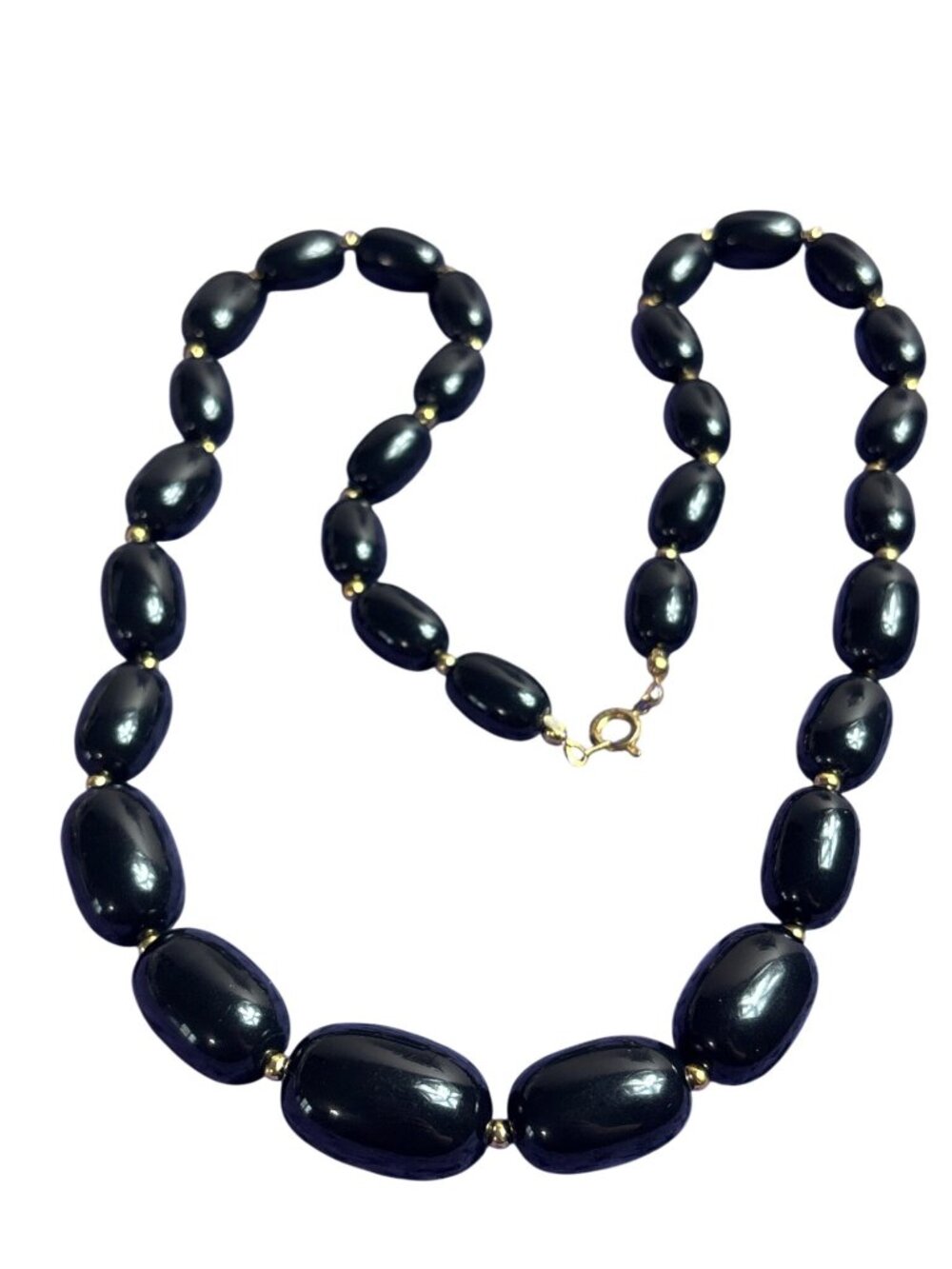 Vtg Black Plastic Oval Beaded Graduated Necklace Goldtone Spacer Beads 22 inches